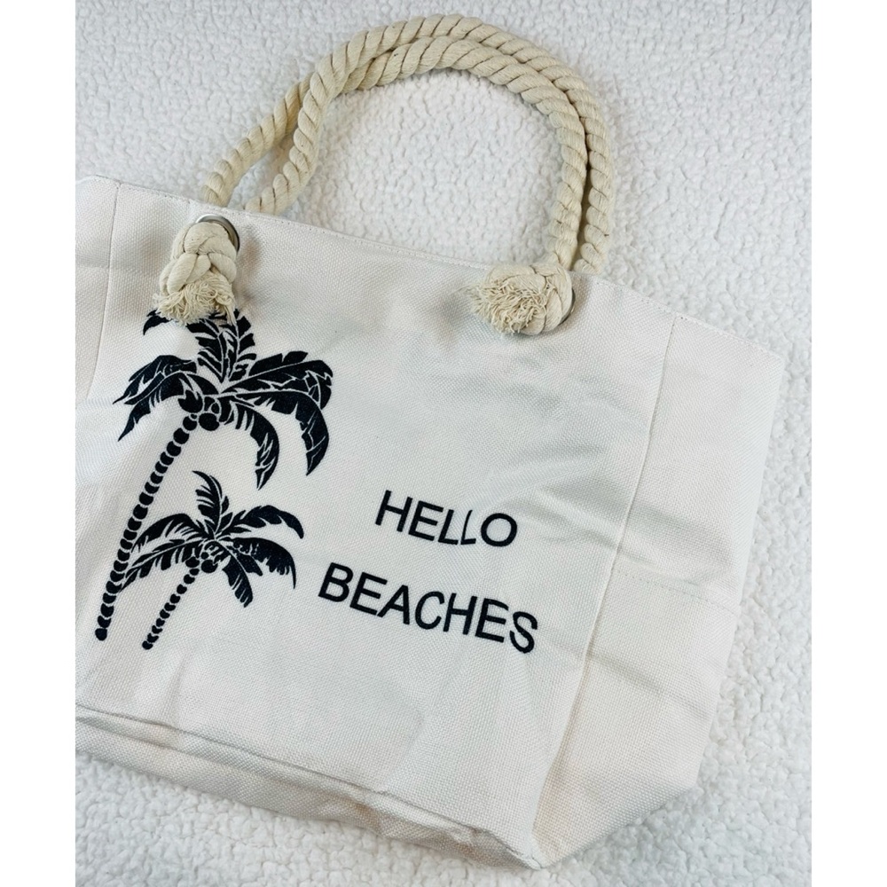 (NWT) TESALATE • Cream/Black “Hello Beaches” and Palm Trees Large Beach Tote Bag - Picture 10 of 15